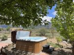 Enjoy the hot tub near the shady fruit tree garden